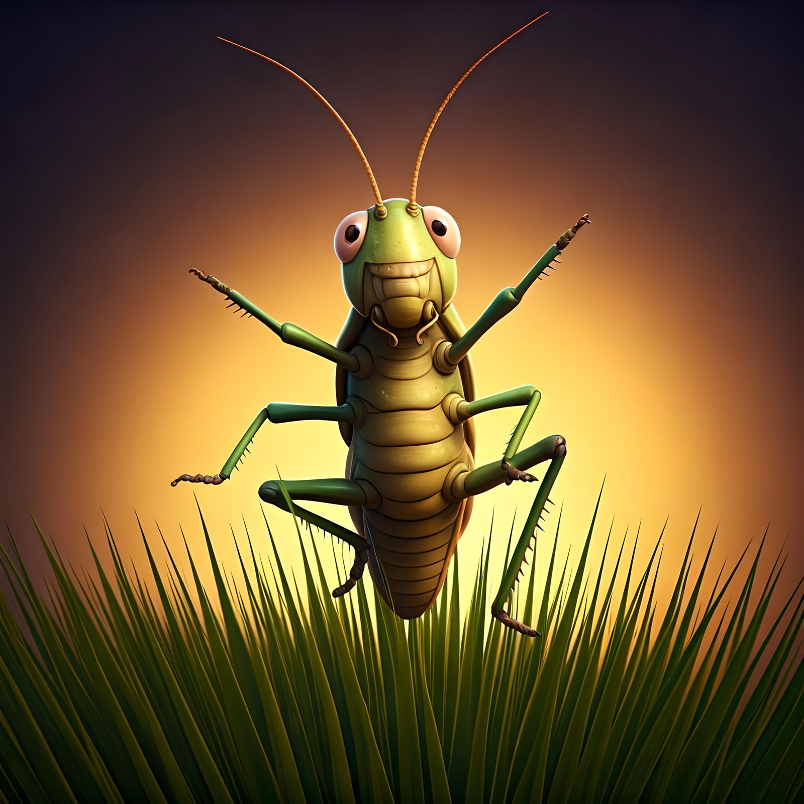 Cute Grasshopper Leaping in Grass: 3D Digital Art