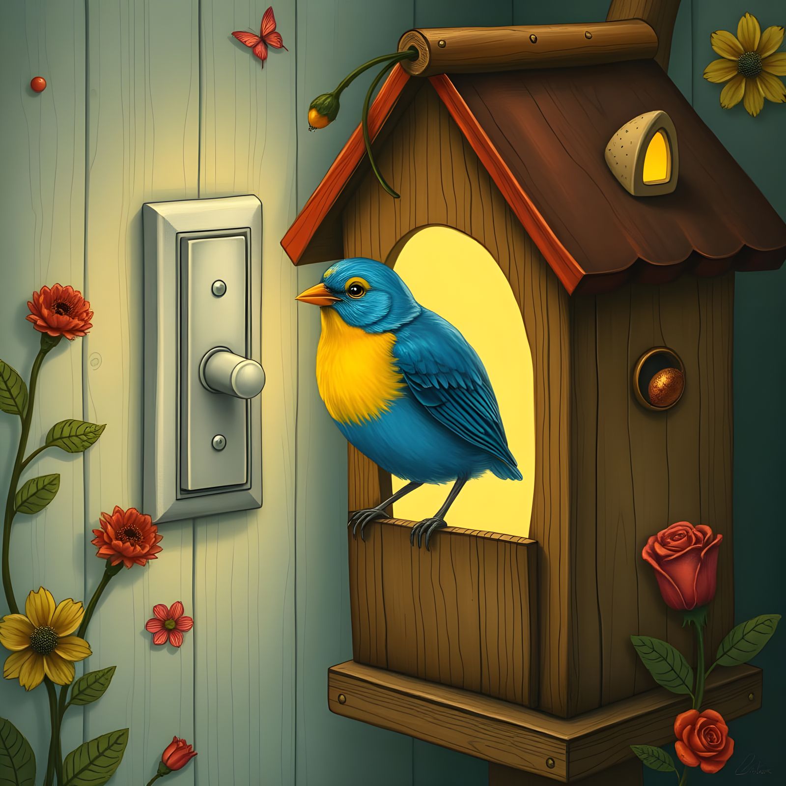 Blue Canary in Dreamlike Birdhouse, Surreal Art