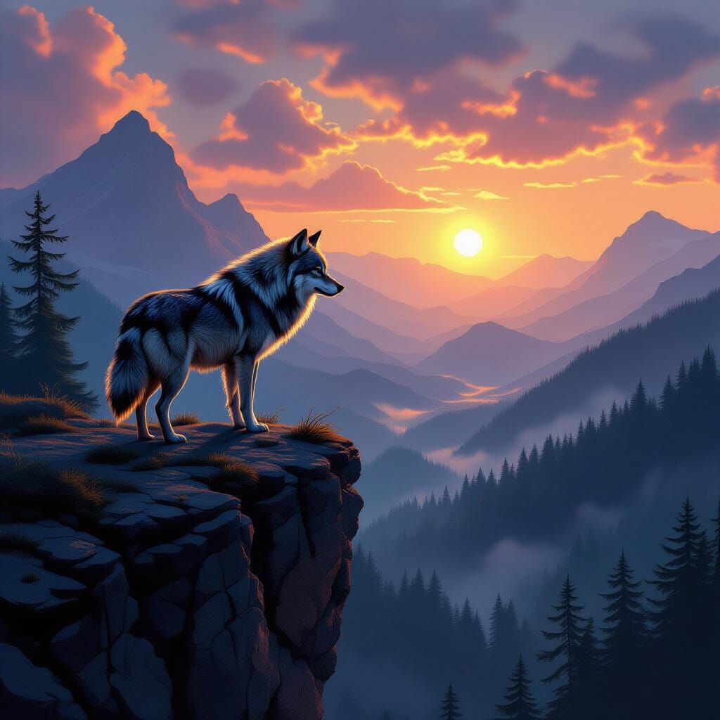 Hyperrealistic Lone Wolf on Cliff Overlooking Forest