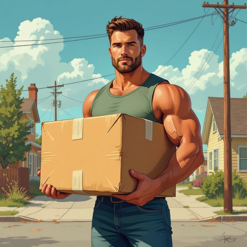 Muscular Man with Package: Rustic Futuristic Art