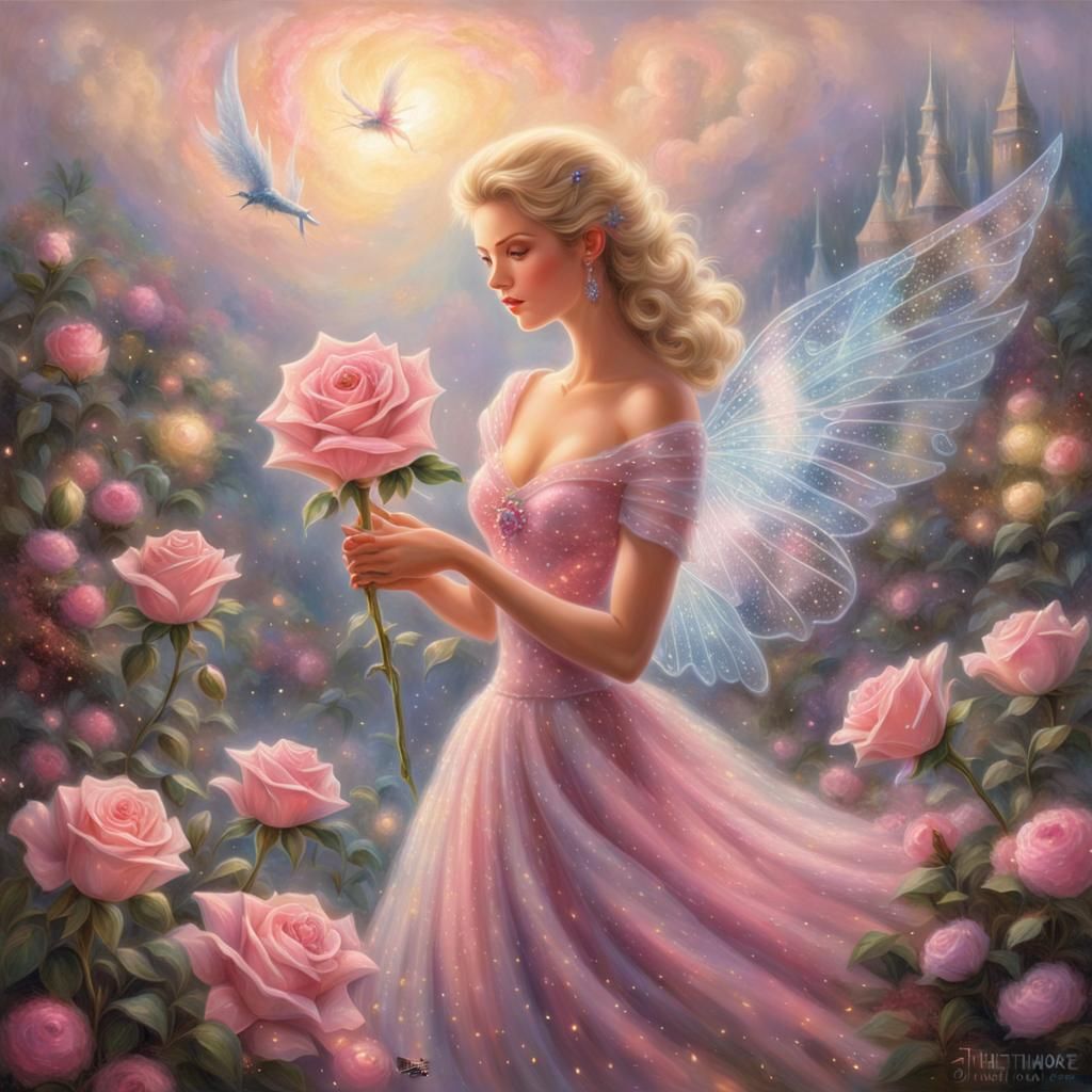 Ethereal Woman Holds Glass Rose, Fantasy Art