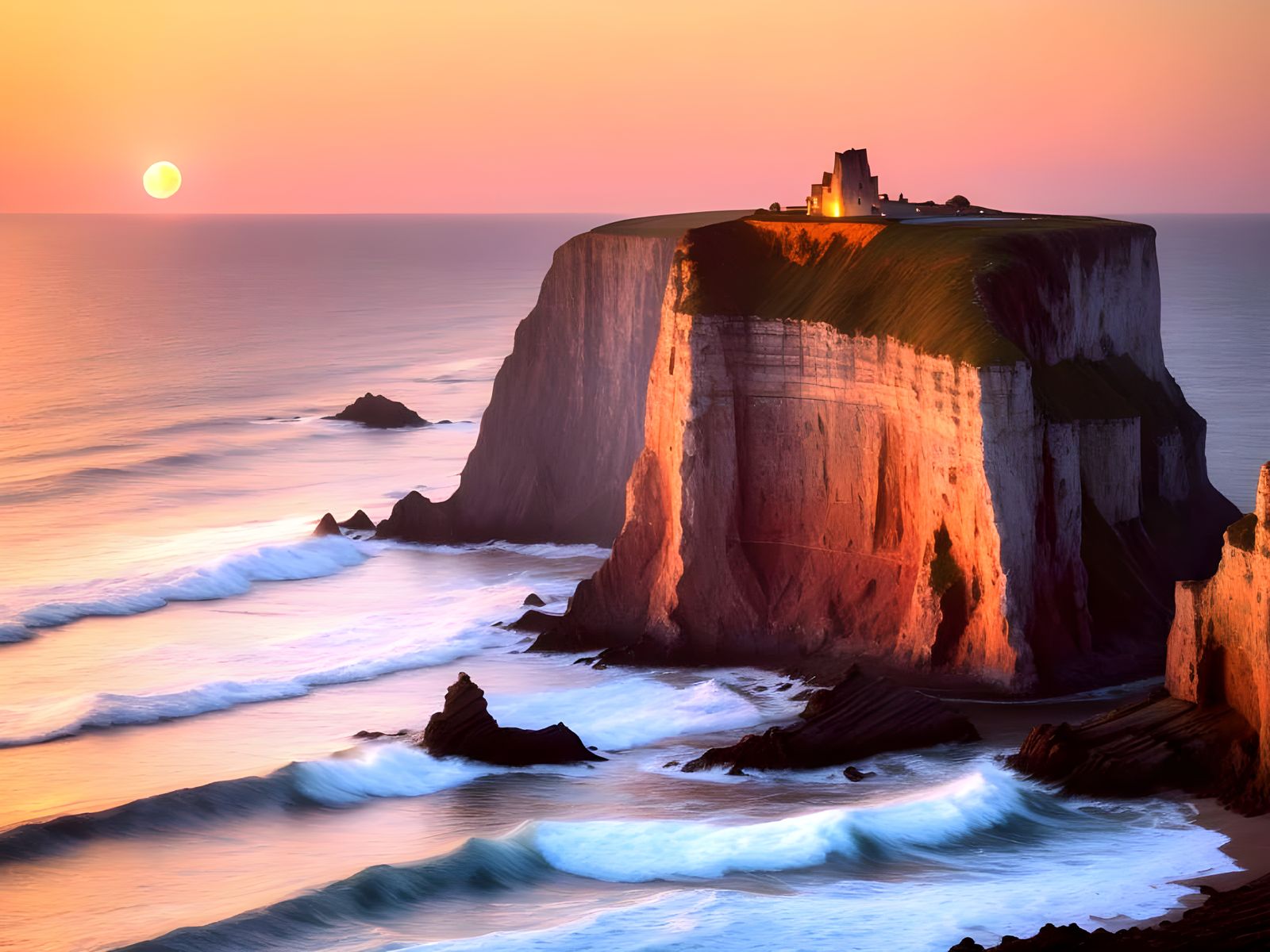 Red Moon Over Irish Cliffs in Monet Style
