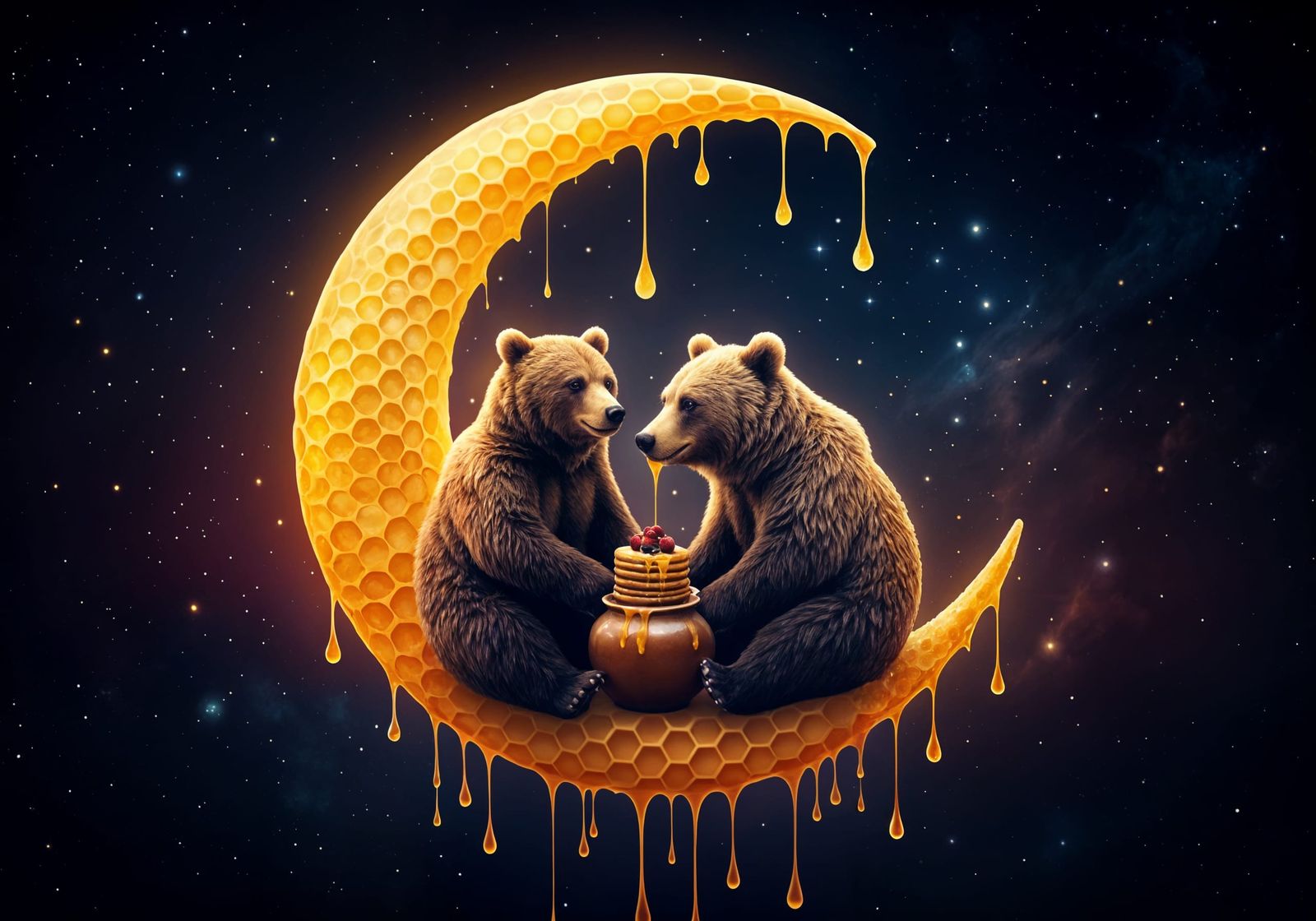 Honeycomb Moon Bears' Romantic Meal: Fantasy Art