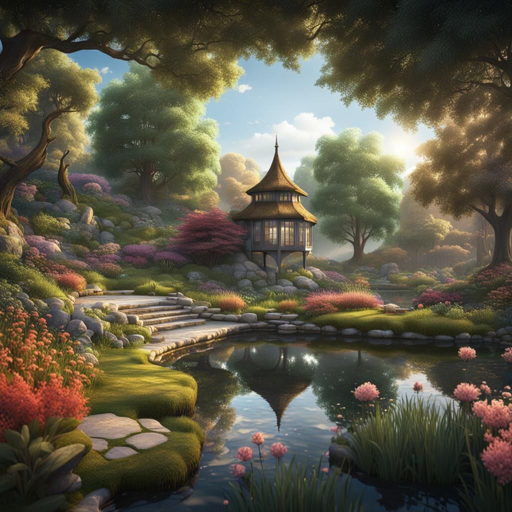 Garden Overlooking Lake: Detailed Matte Painting
