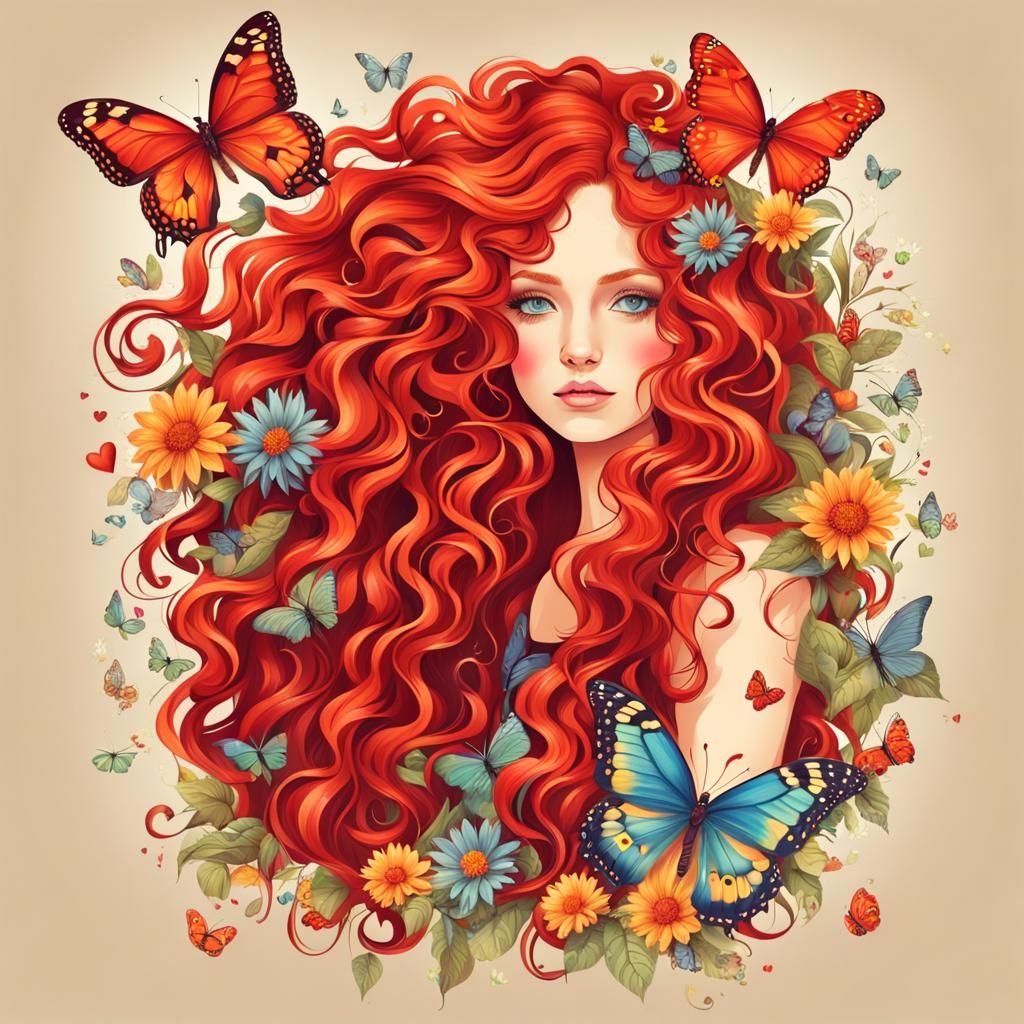 Hippie Girl with Flowers, Hearts, and Butterflies