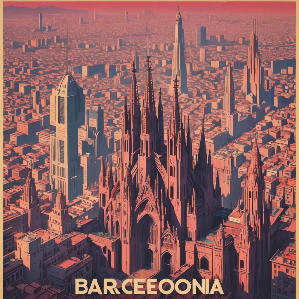 Barcelona Landmarks in Retro Cyberpunk Propaganda Art