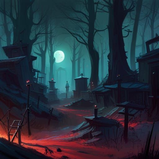 Dark Graveyard in Haunted Forest: Digital Illustration