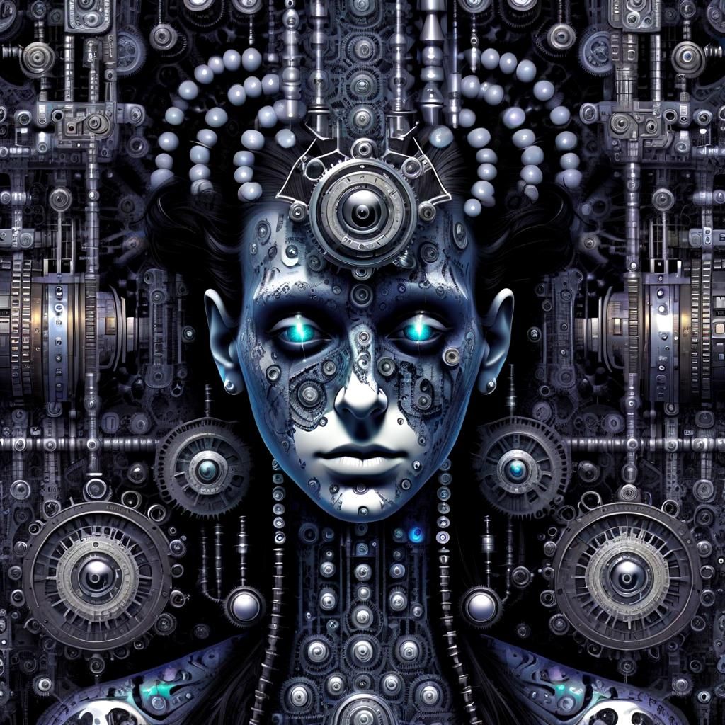 Monochromatic Steampunk Starscape with Binary Code Fractals