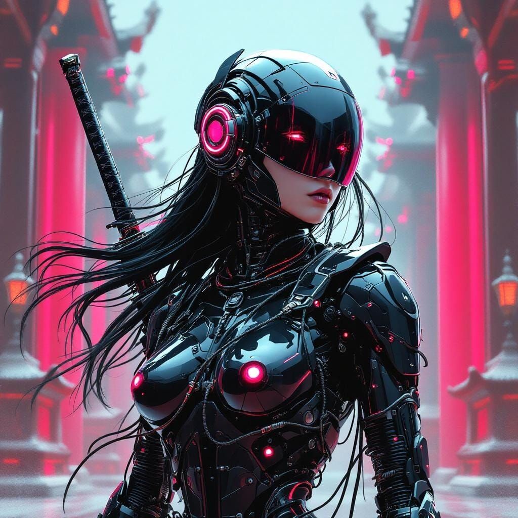 Cyberpunk Robot Samurai with Neon Armor and Katana