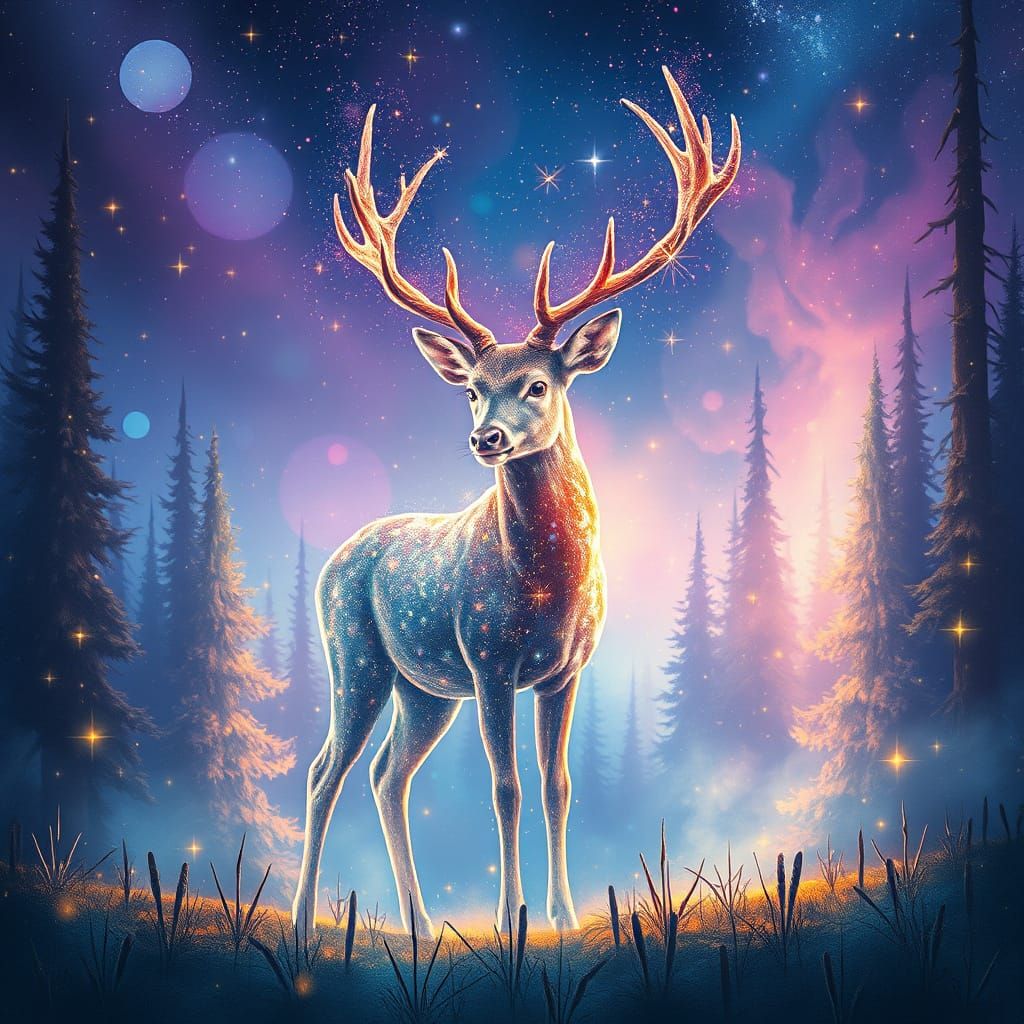Stardust Deer in Mystical World, Surreal Digital Art