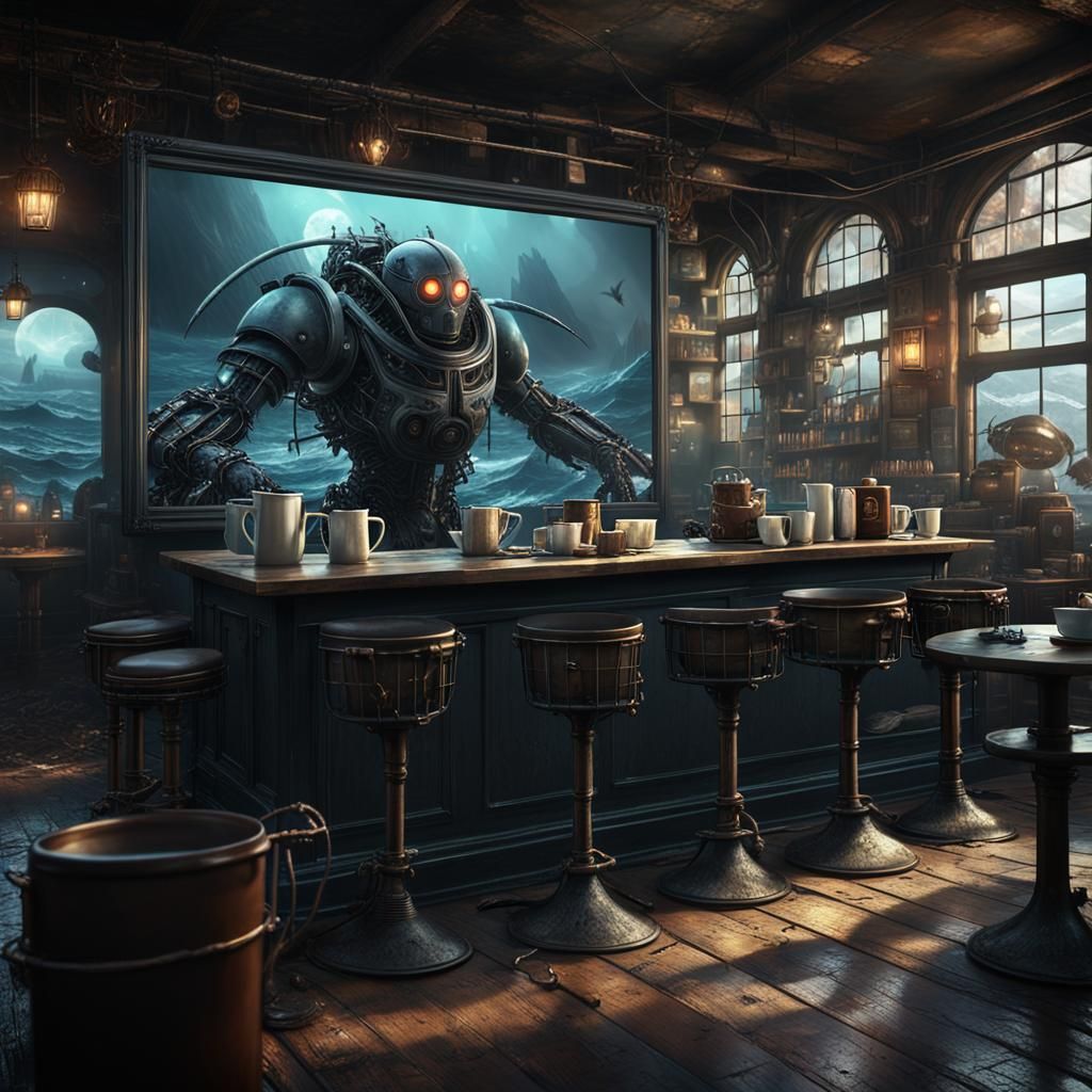 Gothic Model in Coffee Shop, Detailed Matte Painting