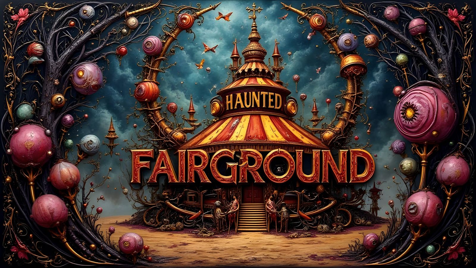 Haunted Fairground Illustration in Gouache Style