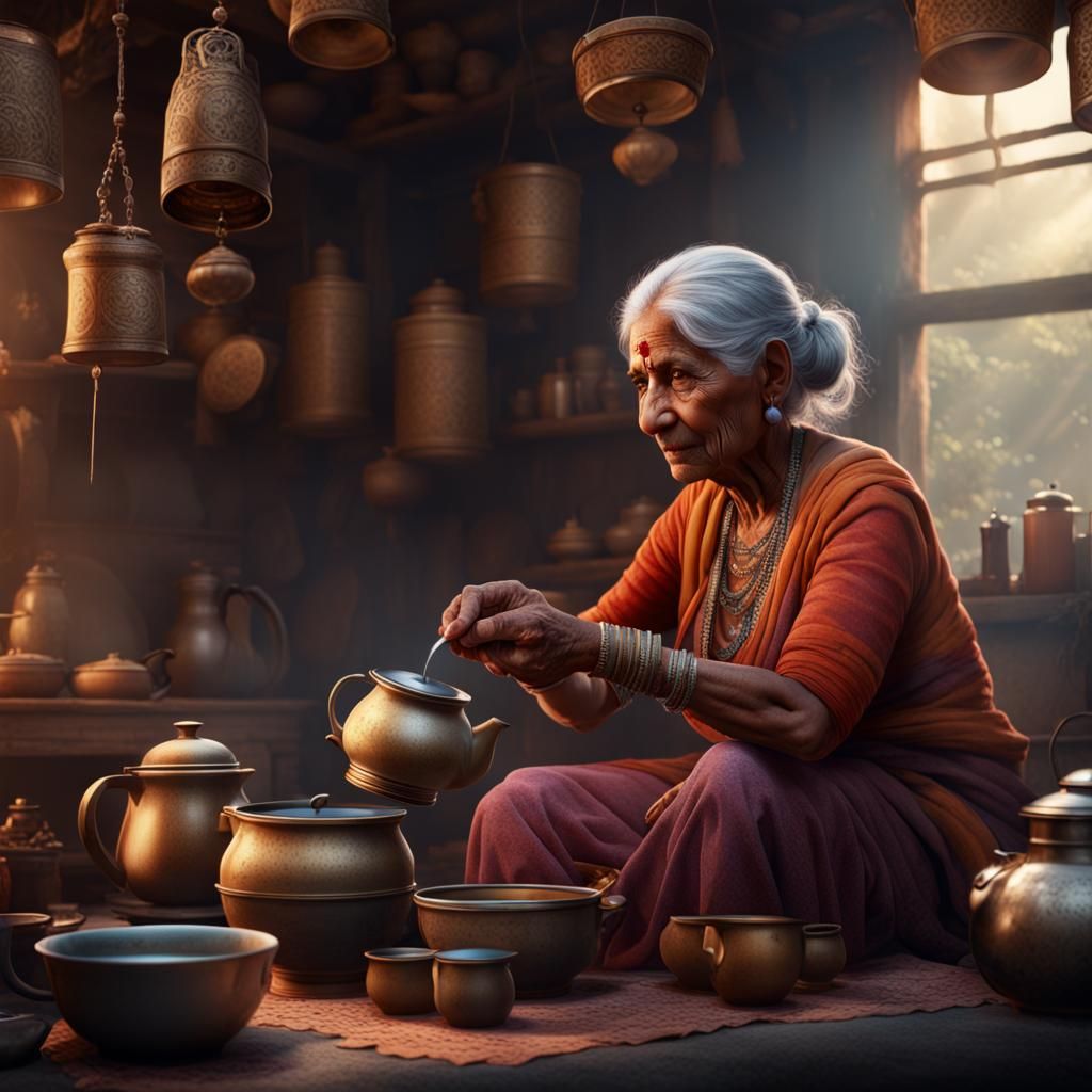 Indian Lady Making Tea: Detailed Matte Painting