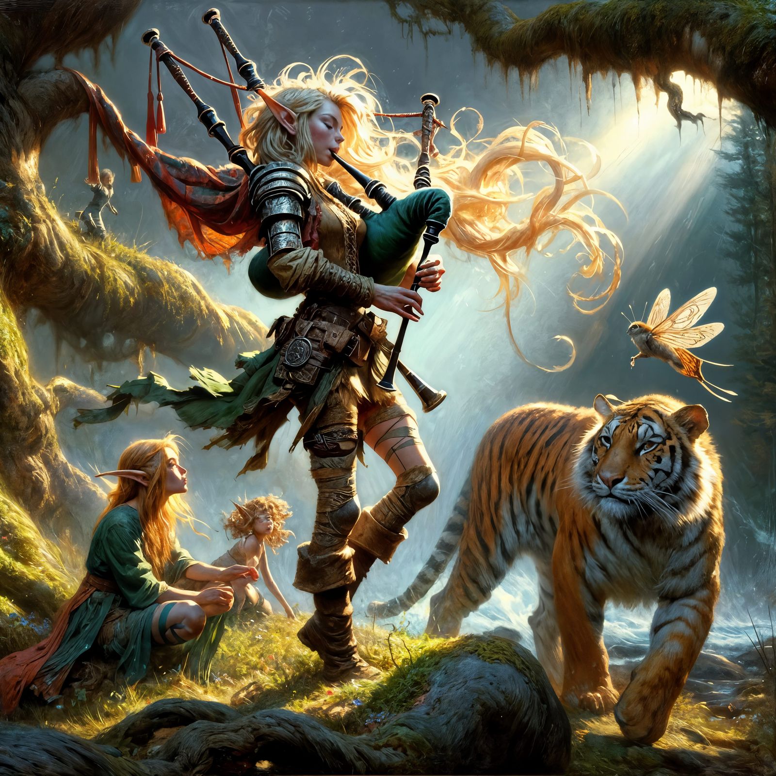 Ethereal Bagpiper Captivates Whimsical Forest Audience