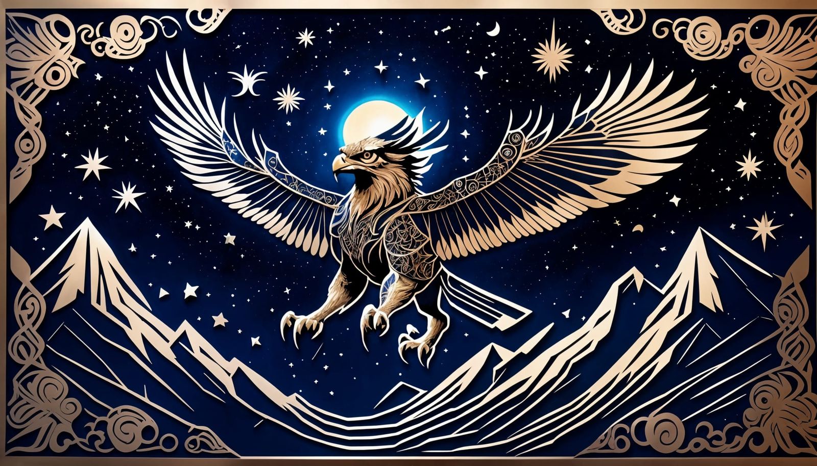 Paper-Cut Gryphon Soaring Through Starry Sky