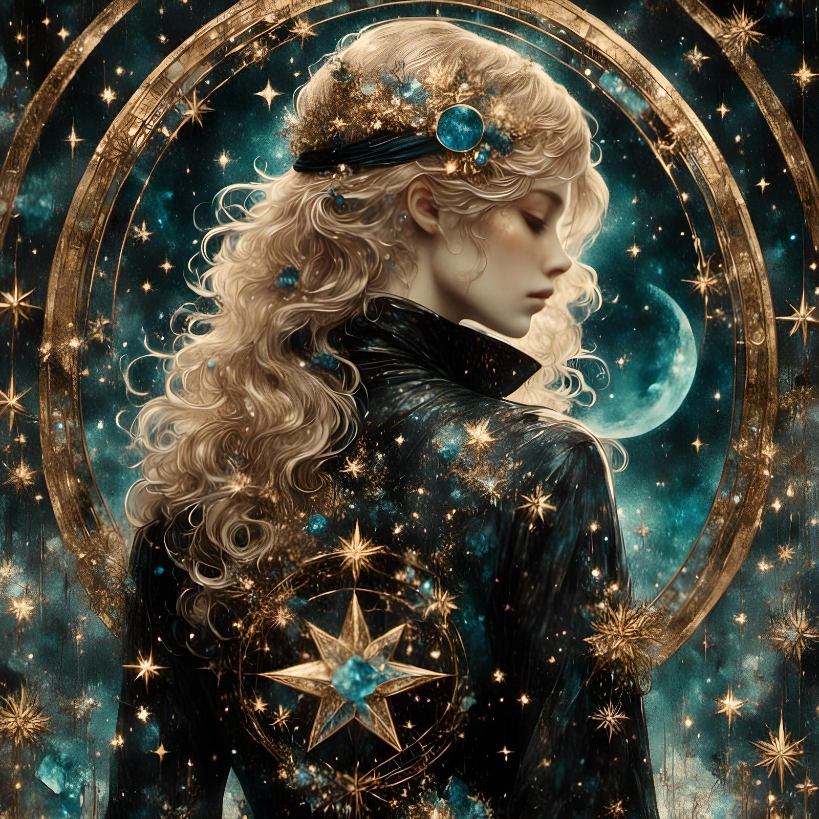 Sapphire Night Sky Portrait in Watercolor Mosaic Style