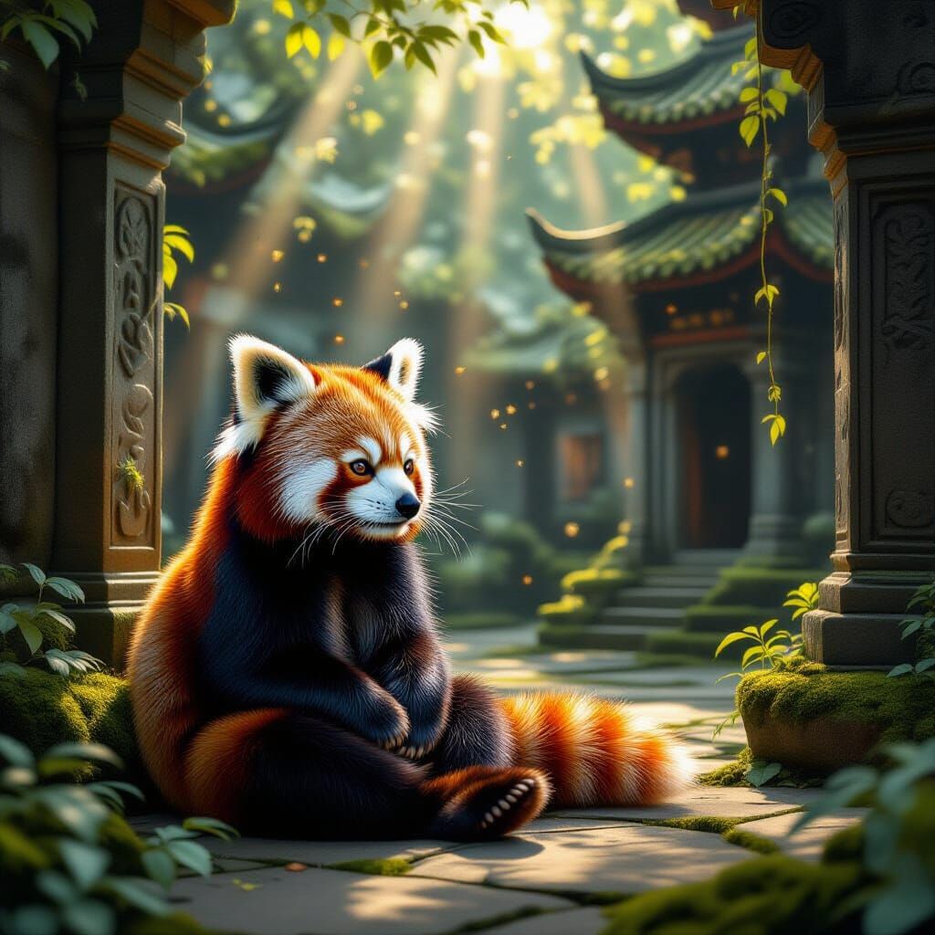 Red Panda in Ancient Courtyard - Hyperrealistic Oil Painting