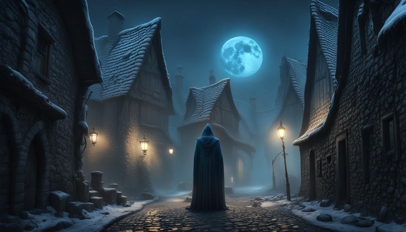 Mysterious Hooded Ghost in Spooky Village, Dark Fantasy Art