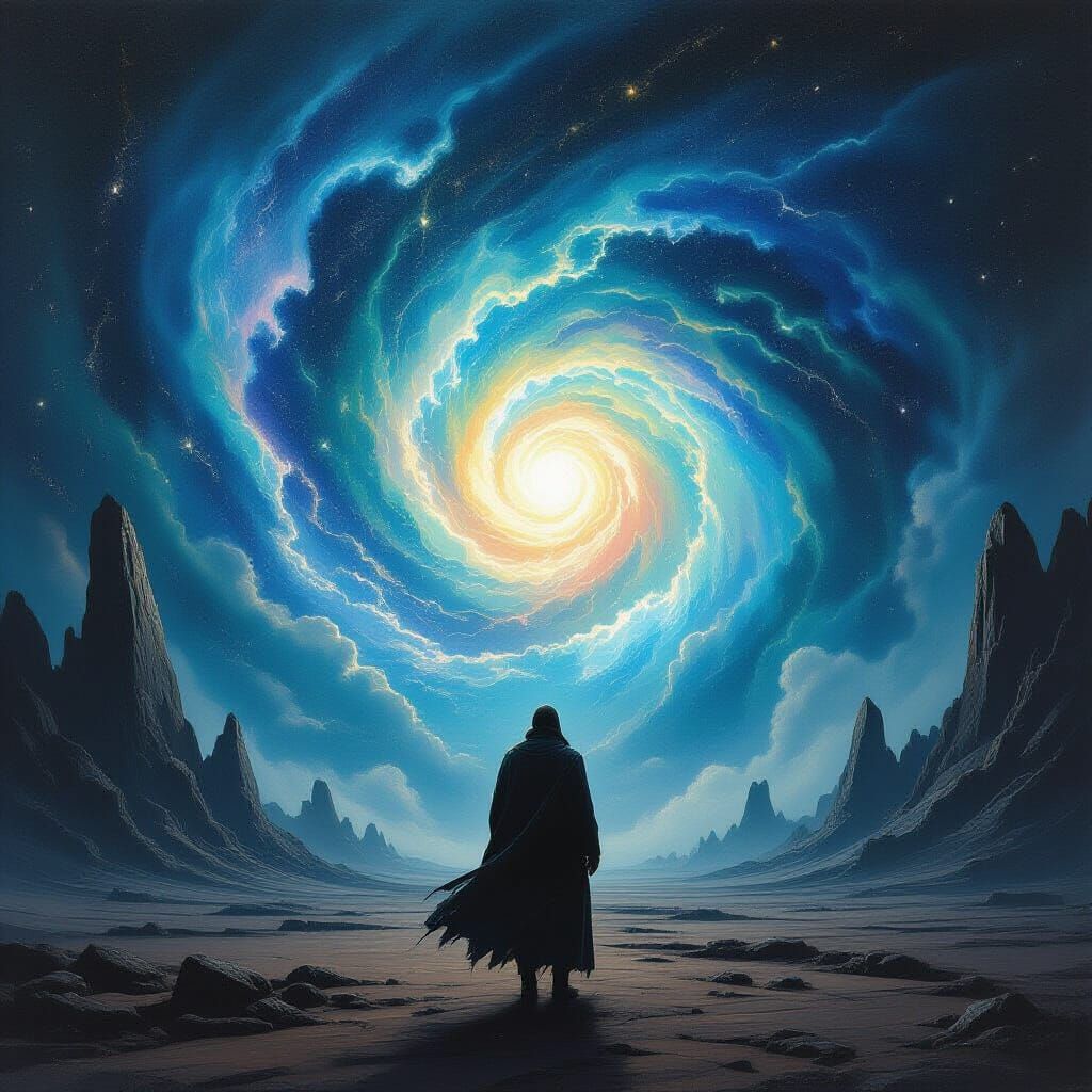 Lovecraftian Figure Gazes into Cosmic Vortex, Oil Painting