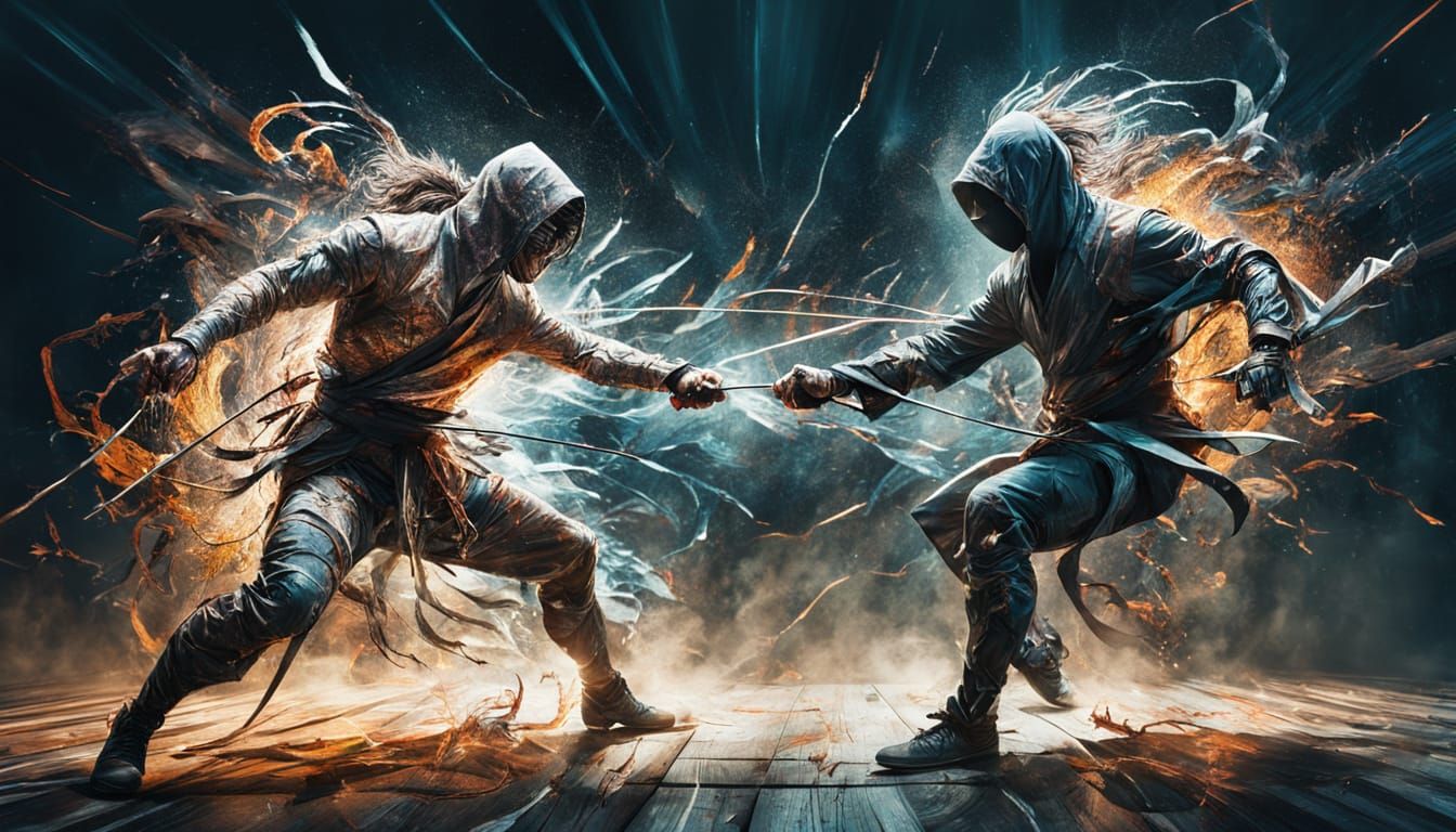 Fencing Master Battles Shadow Ninja in Retro-Futuristic Dark...