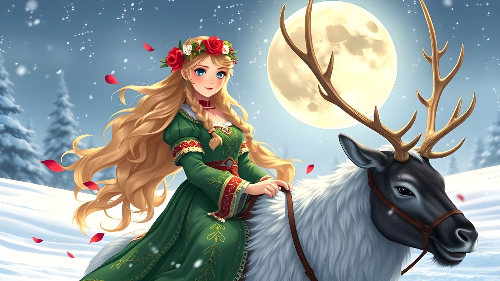 Gerda Rides Reindeer in Snowy Winter Moonlight