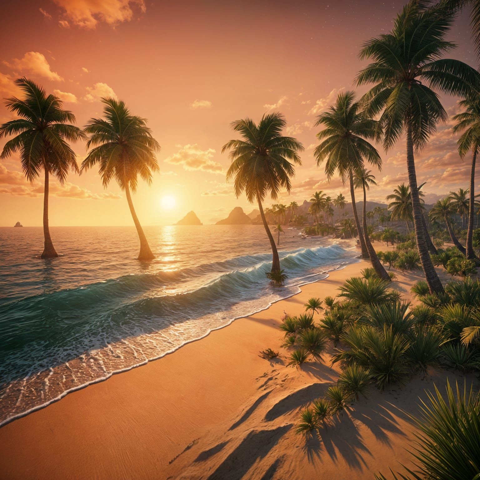 Sunset Beach with Palm Trees in 3D