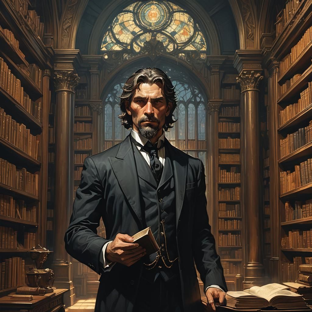 Gothic Library Portrait in Dark Fantasy Style