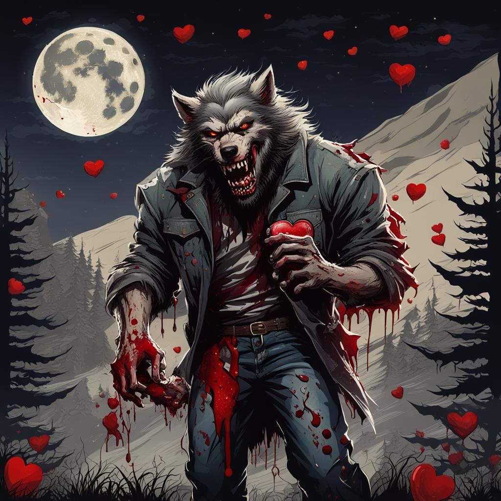Werewolf Howling at the Moon on Valentine's Day