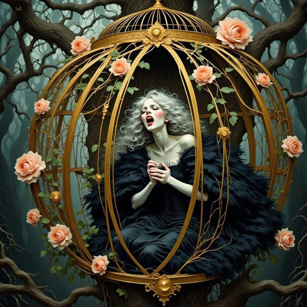 Woman Trapped in Art Nouveau Birdcage in Sinister Woods