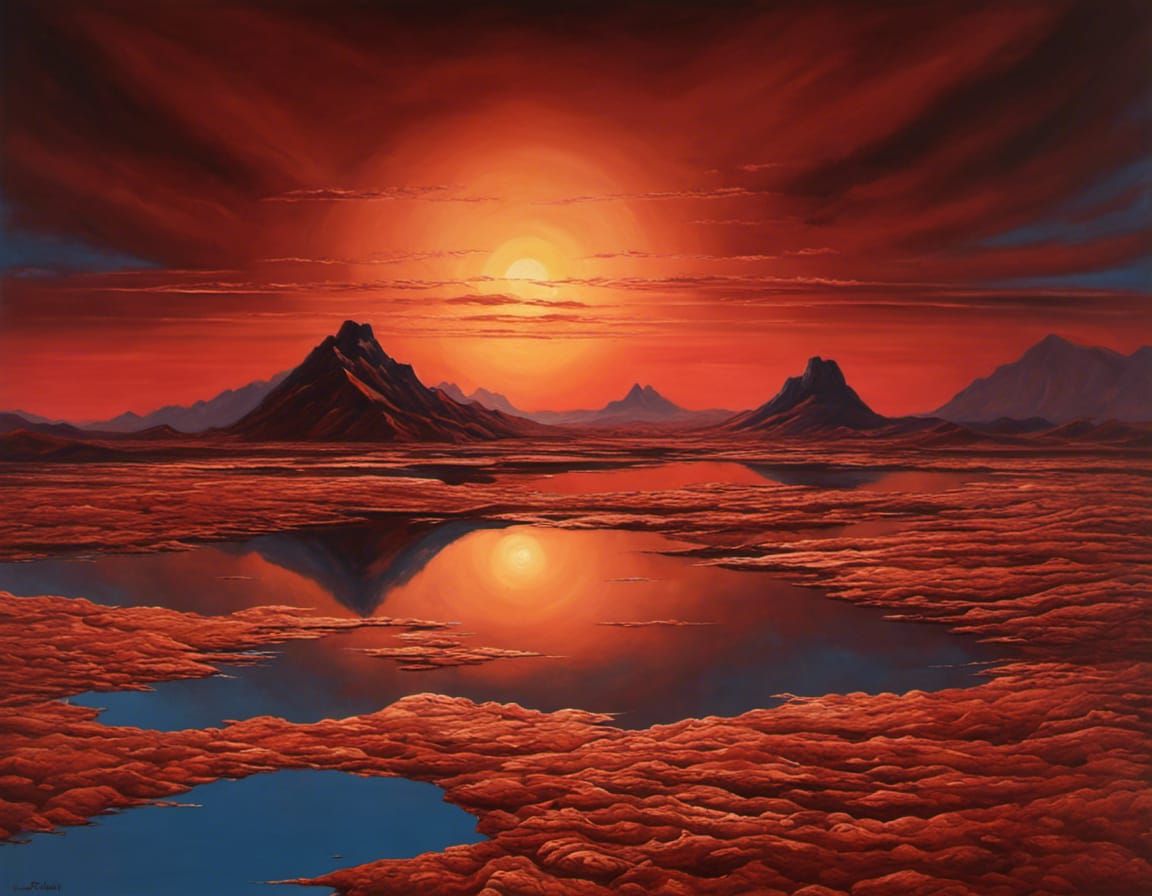 Alien Sunset with Red Mountains, Oil Painting