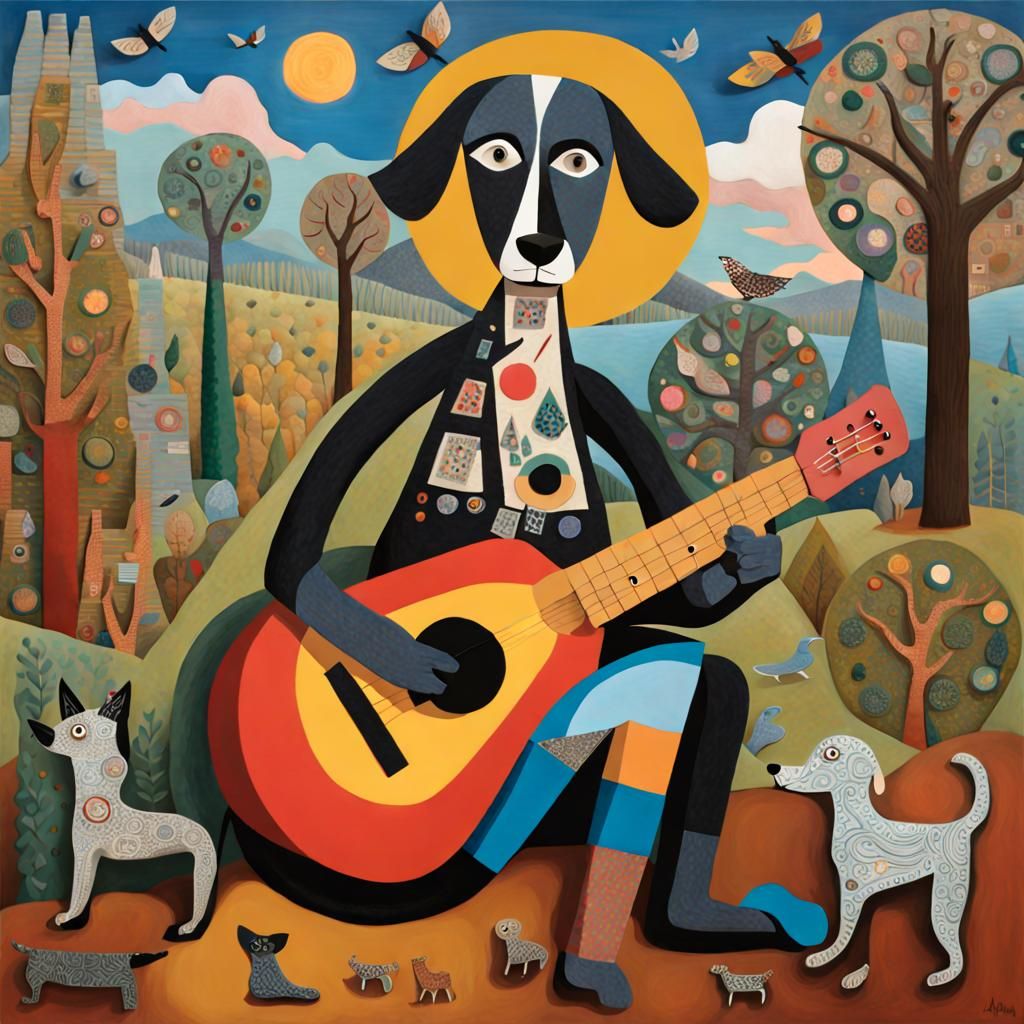 Dog Plays Guitar in Folk Art Style