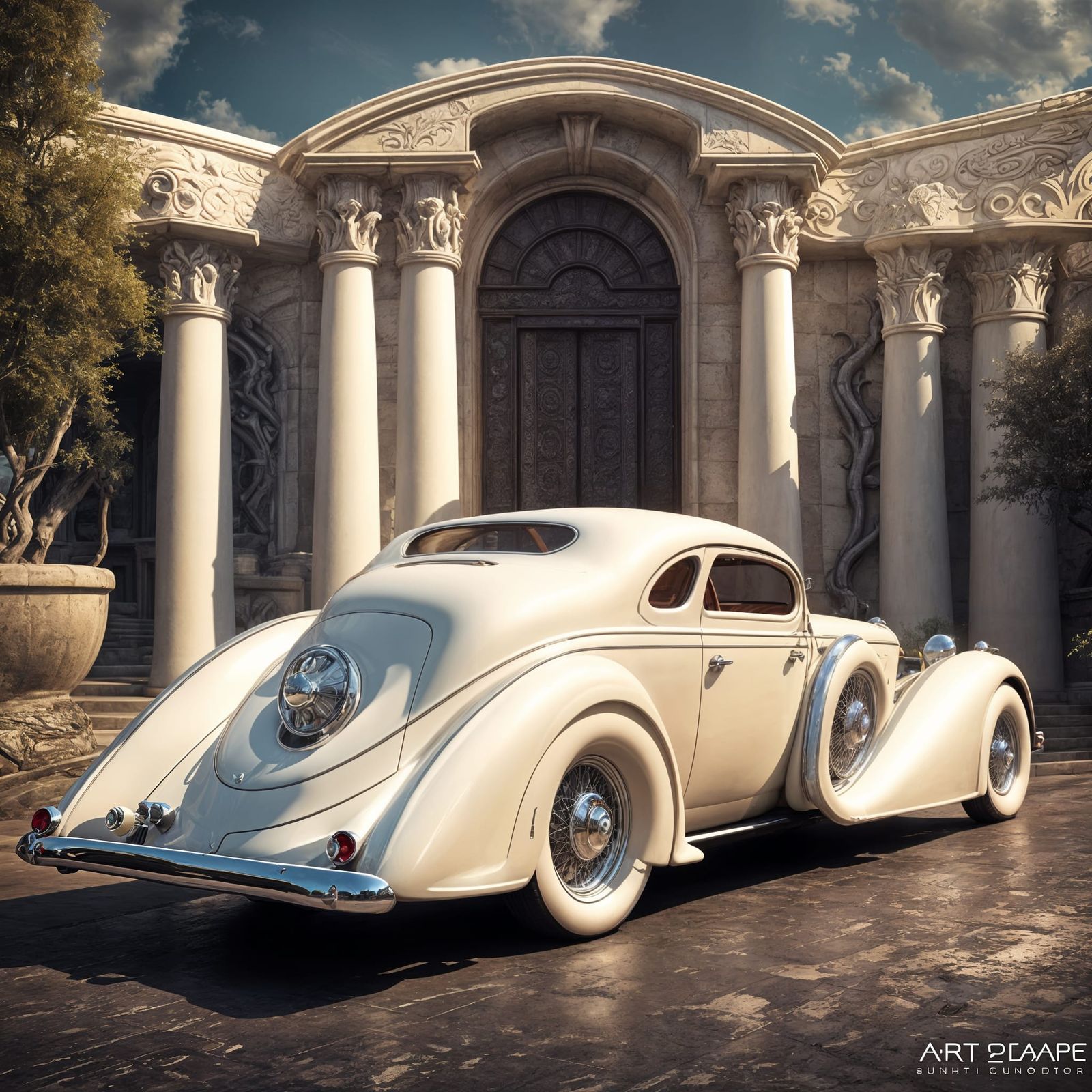1936 White Luxury Coupe in Art Deco Style