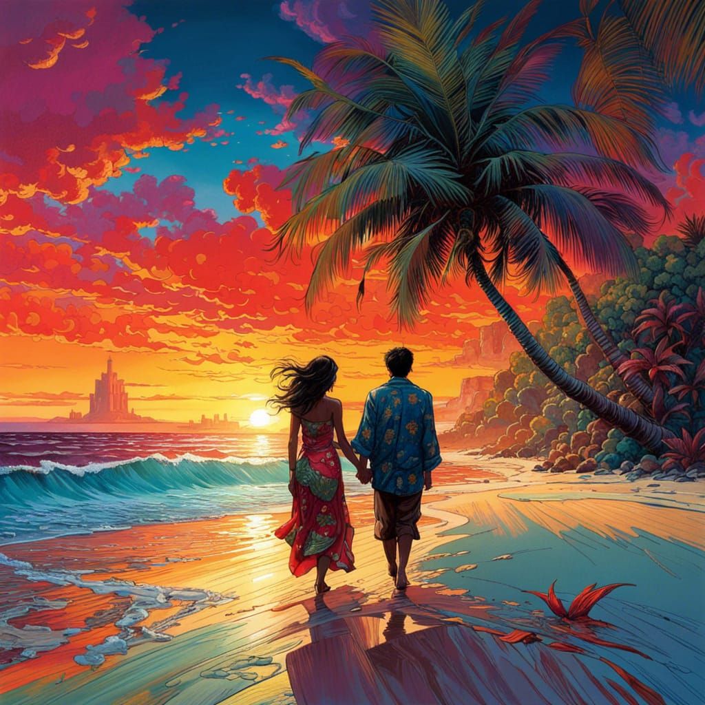 Sunset Beach Stroll: Hyperdetailed Fantasy Art