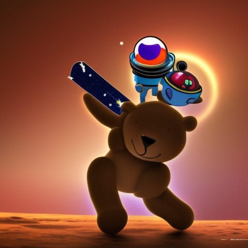 Teddy Bear in Space with Futuristic Turtle