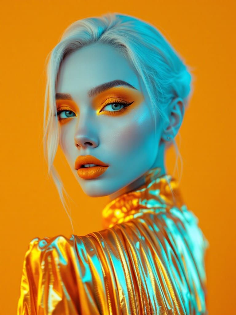 Sci-Fi Portrait: Woman with Blue Skin and Golden Blouse