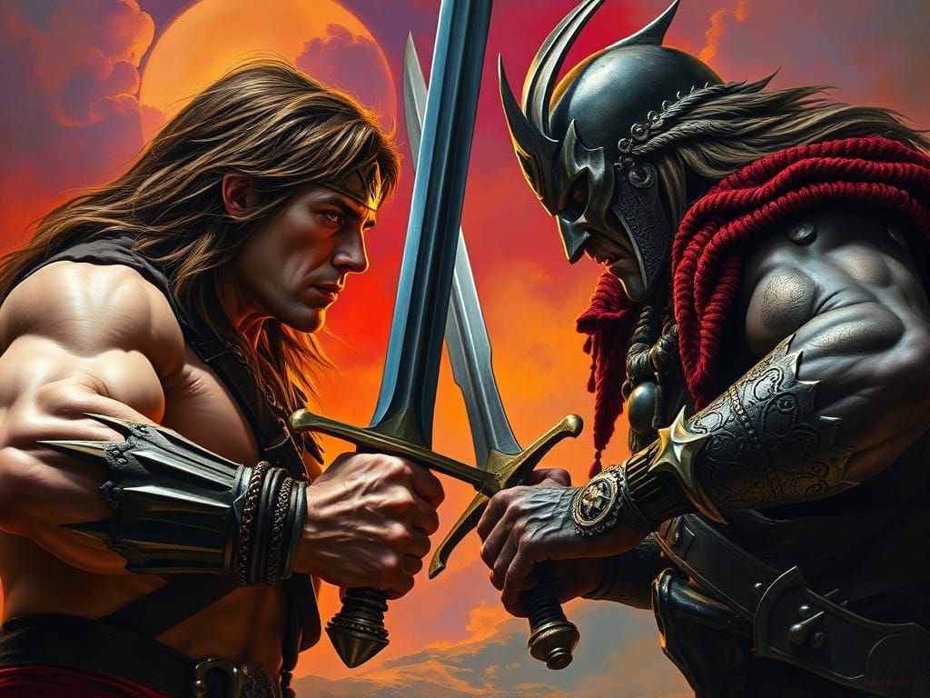 Conan and Elric Clash in a Hyperrealistic Fantasy Duel