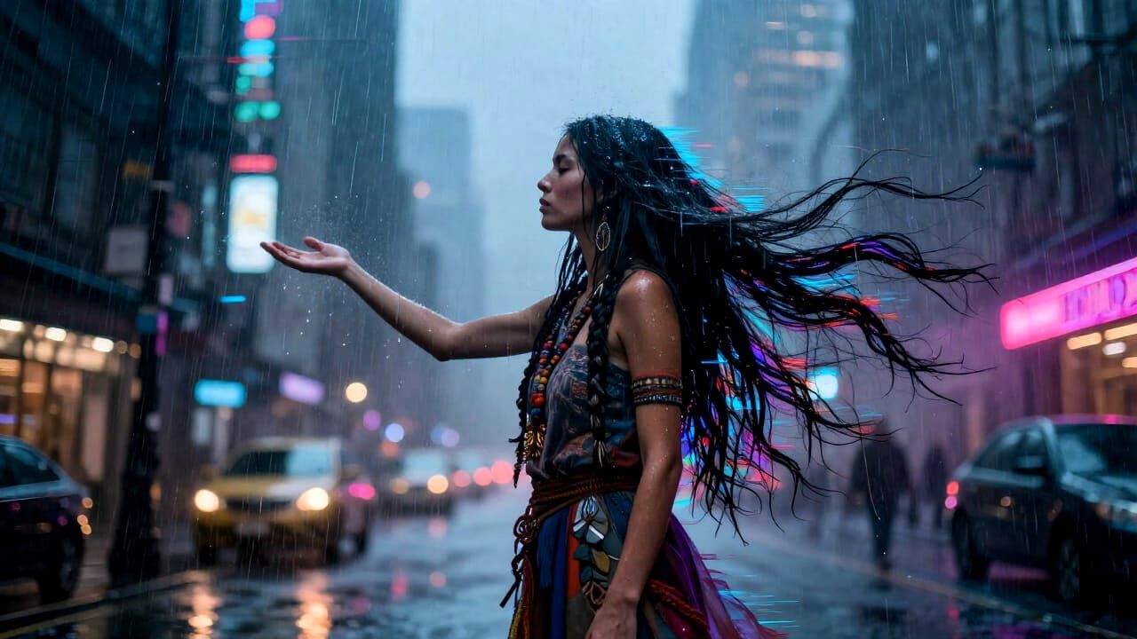 Night Cityscape in Mist and Rain, Glitch Art Style