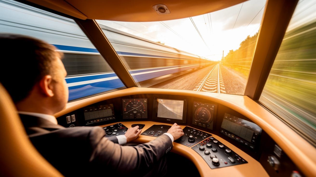 TGV Train Driver at Controls in Golden Daylight