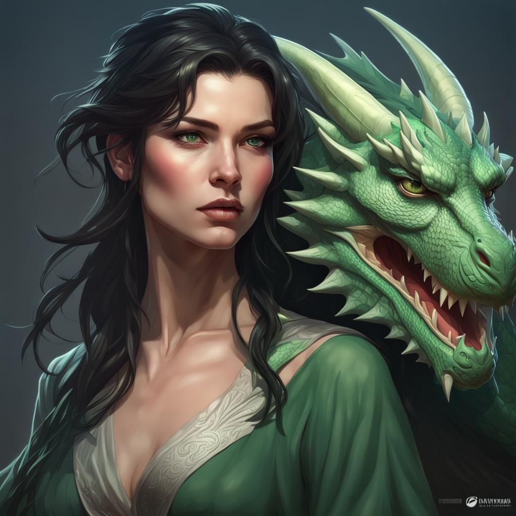 Woman with Green Dragon Portrait in Hyperdetailed Style