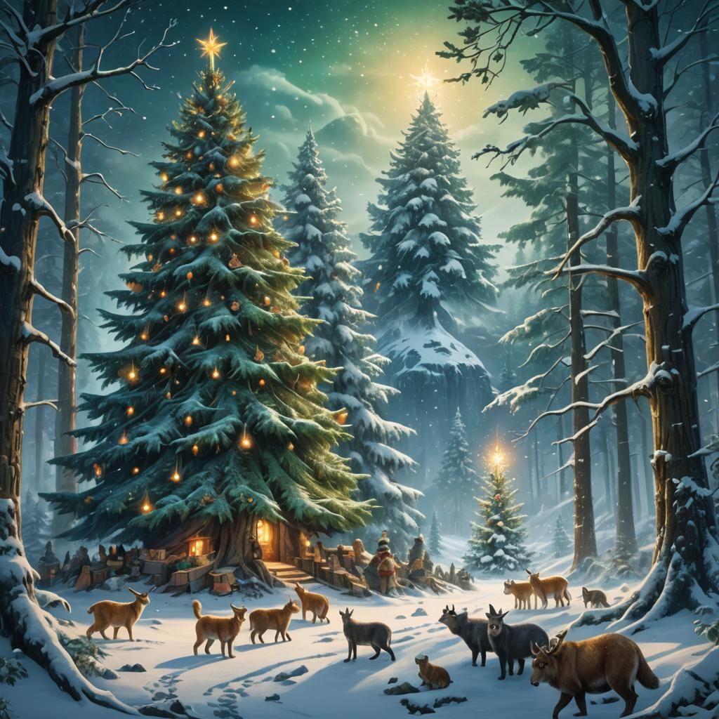 Majestic Christmas Tree Surrounded by Forest Animals