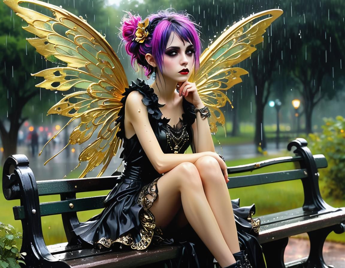 Crying Punk Fairy on Park Bench in Alcohol Ink Style