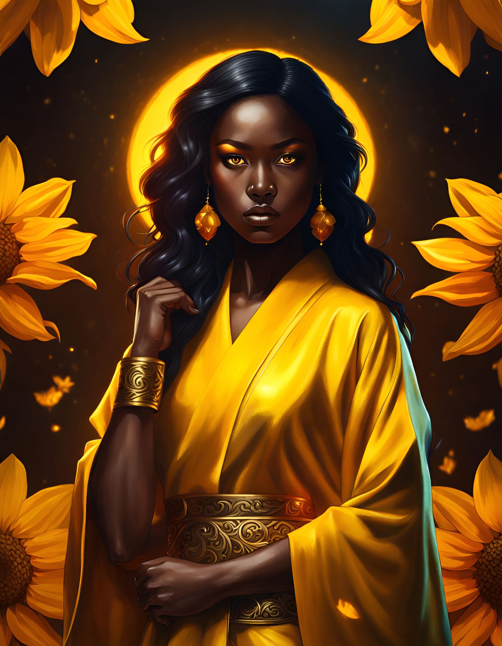 Beautiful Demon Girl in Gold Kimono, Fantasy Art