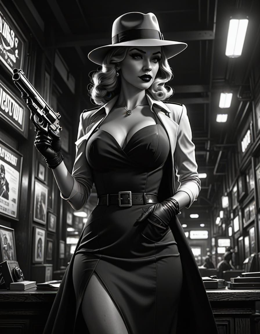 Vintage Pinup Girl with Gun Points Directly at You in a Low-...