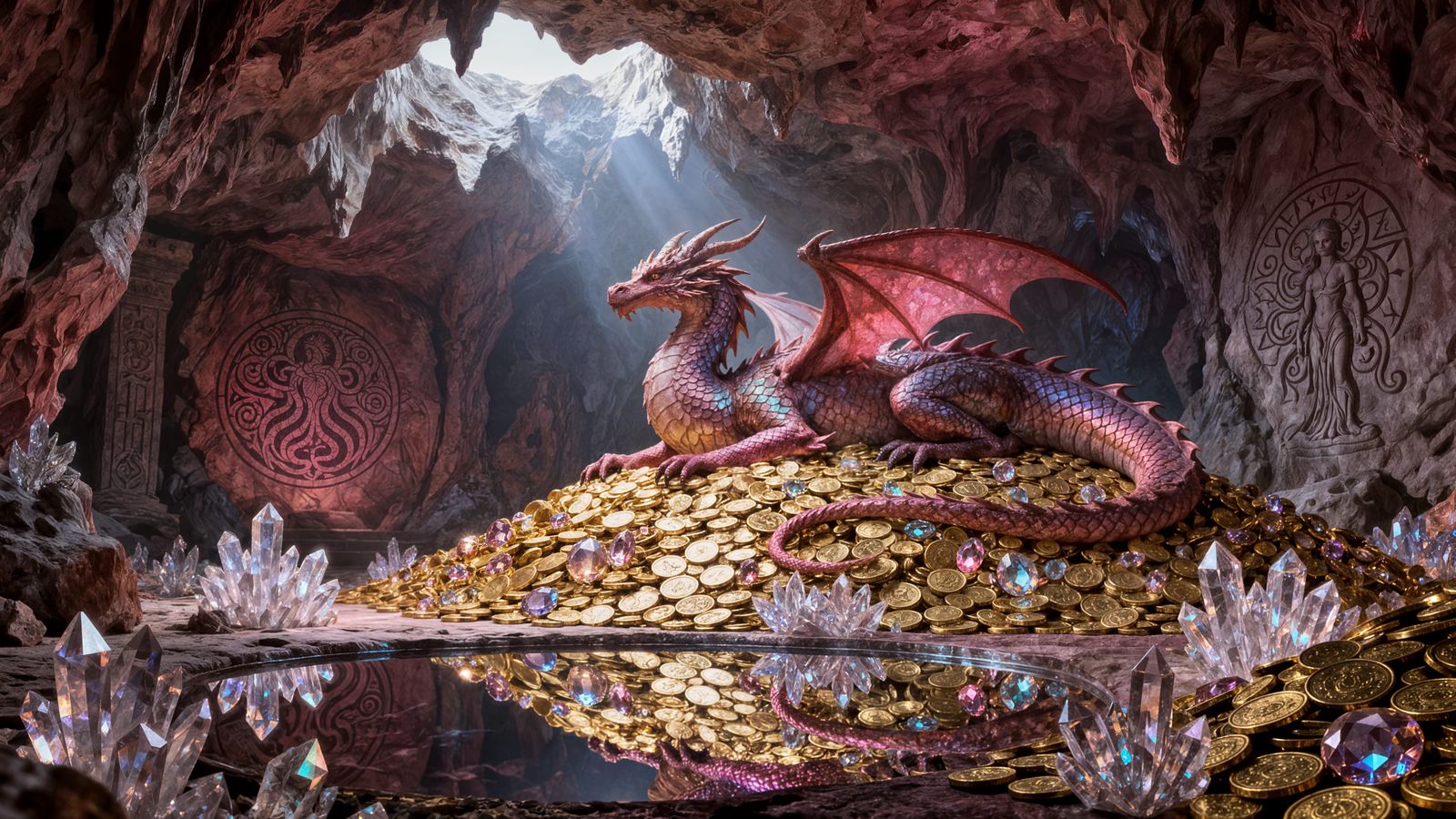 Majestic Crimson Dragon on Gold Hoard in Ancient Cavern