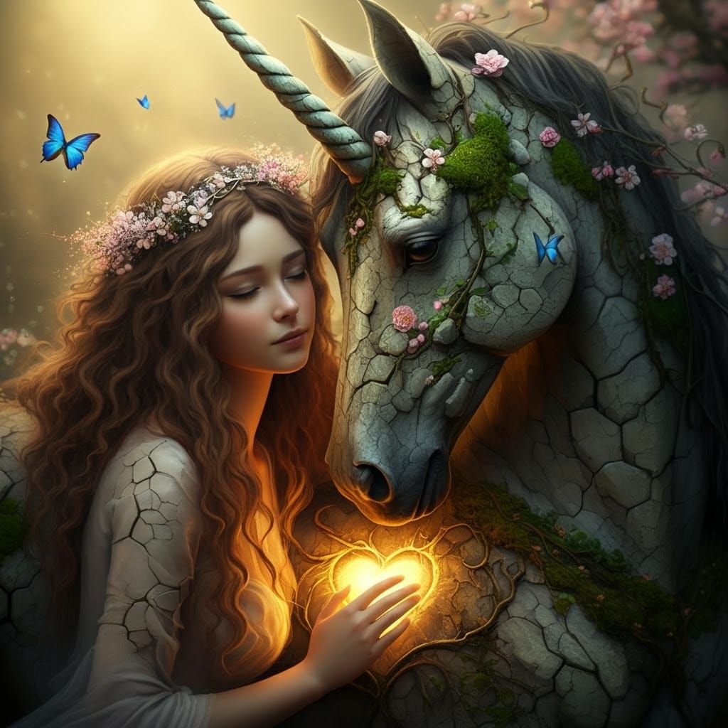 Dreamy Fantasy Scene with Serene Woman and Majestic Unicorn