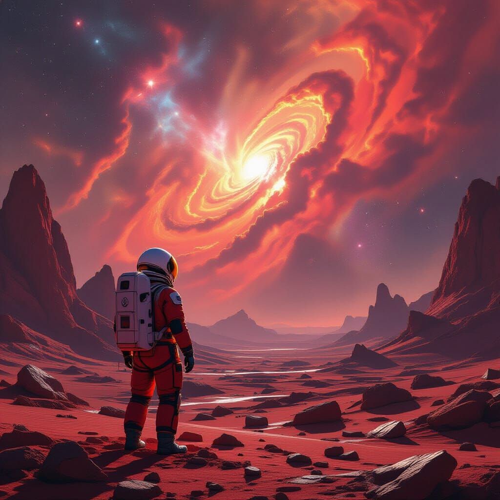 Astronaut Gazes at Alien Nebula on Crimson Planet