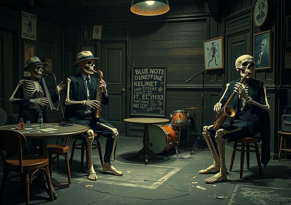 Eerie Skeleton Jazz Band Performance in Abandoned Club
