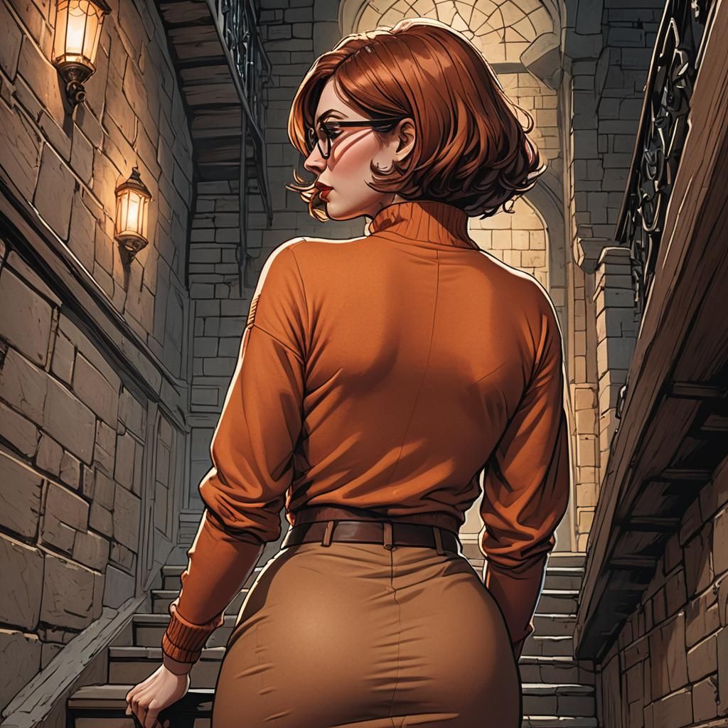 Curvy Woman Climbing Staircase in Comic Book Style