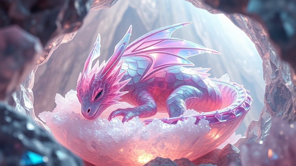 Crystalline Baby Dragon Asleep in Glistening Cave