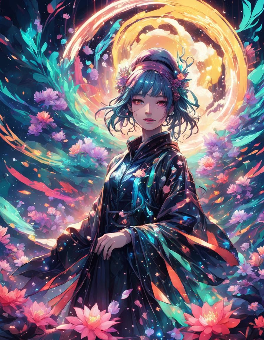Neon Anime Portrait with Iridescent Blossoms